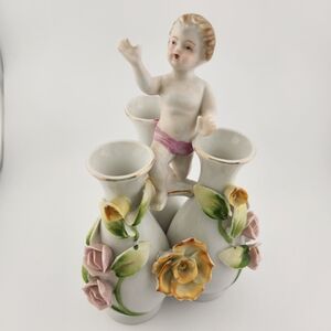 Vintage Relpo Napco Porcelain Cherub 3 Vases with Floral Accents